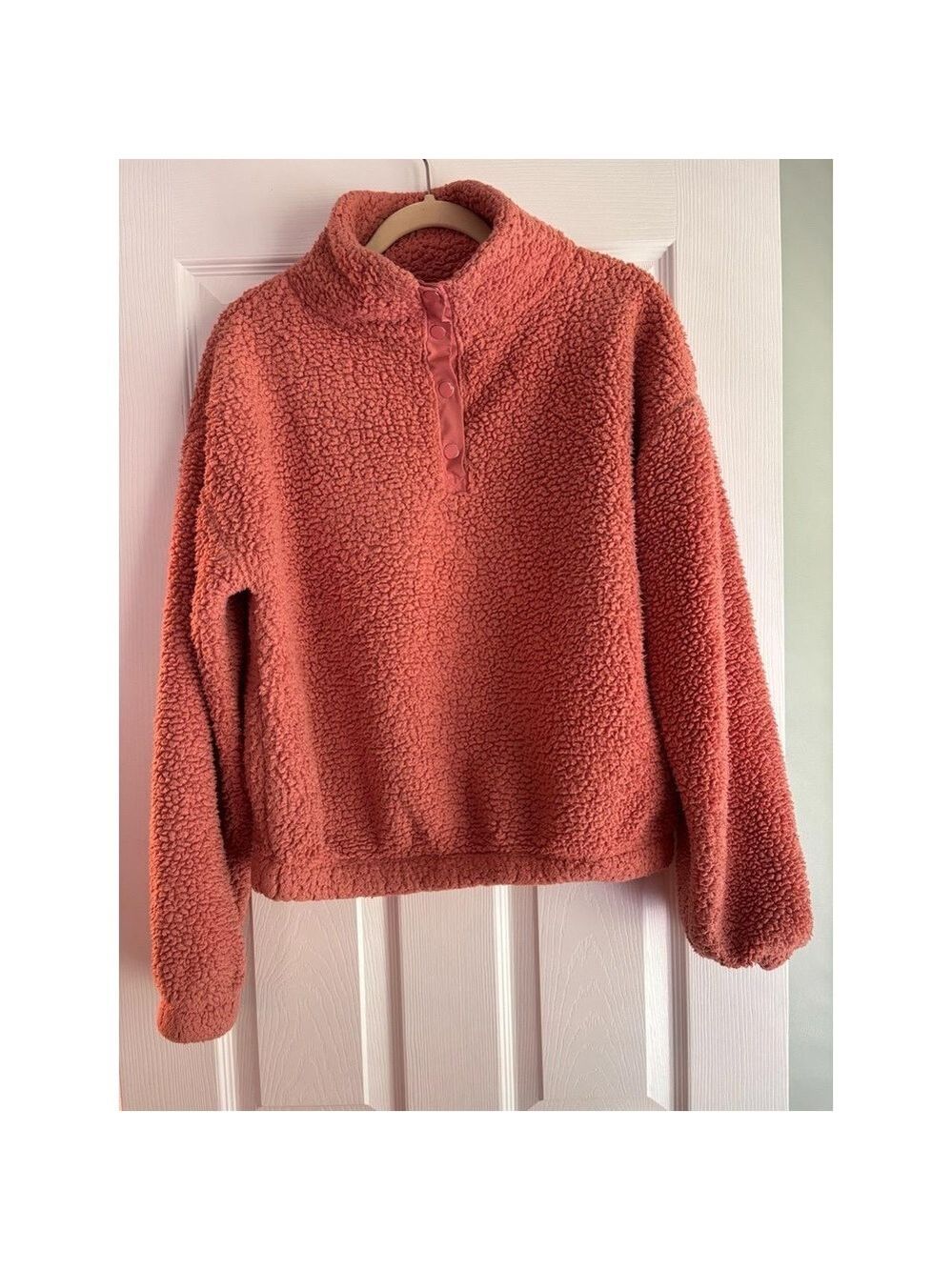 SO Womens L Coral Peach Sherpa Fleece Pullover High Collar Snap Front Cozy